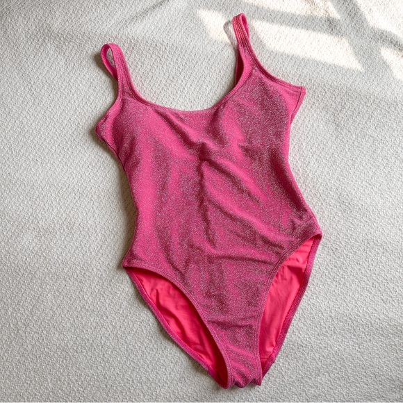 Good American Modern Tank Sparkle Metallic One-Piece Pink Swimsuit Medium - Picture 1 of 8